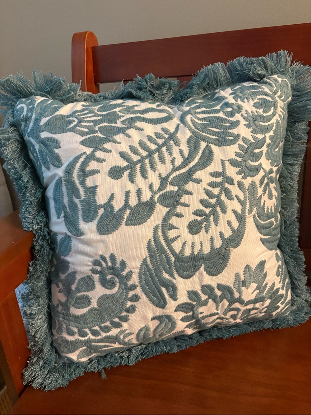 Pier 1 Teal and White Fringed Embroidered Accent Pillow